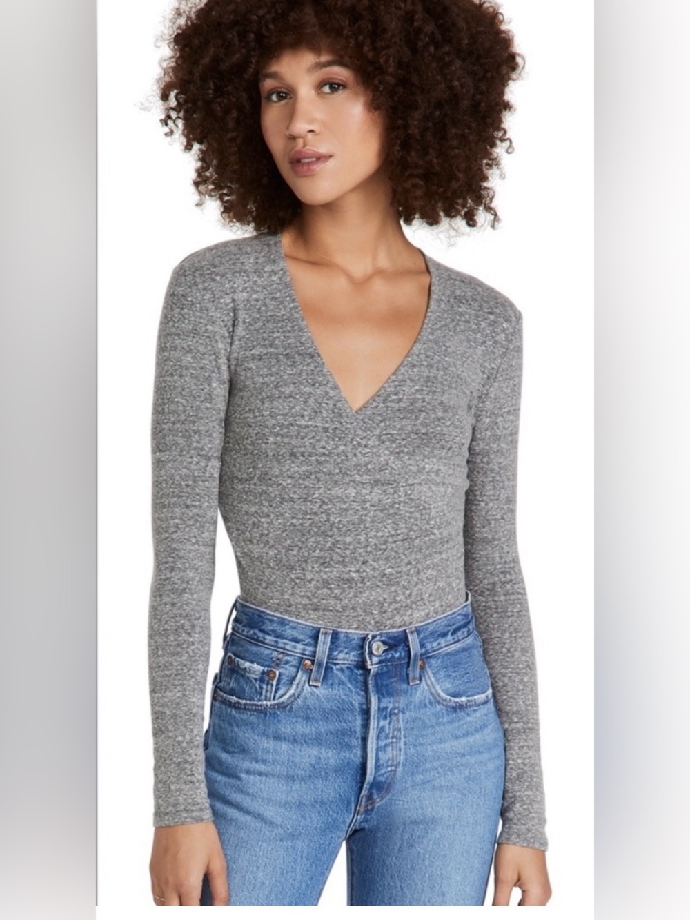 Madewell Wrap Bodysuit Heather Gray Long Sleeve fitted XS V Neck Streetwear NWT